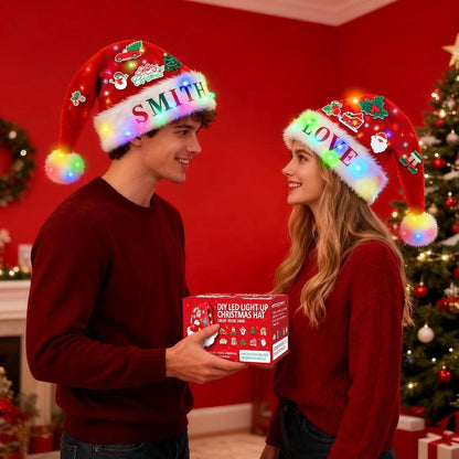 Santa Hat with LED Lights and DIY Stickers, Extra Thick Velvet Christmas Hat for Adults Unisex for New Year Holiday Party & Christmas Decorations
