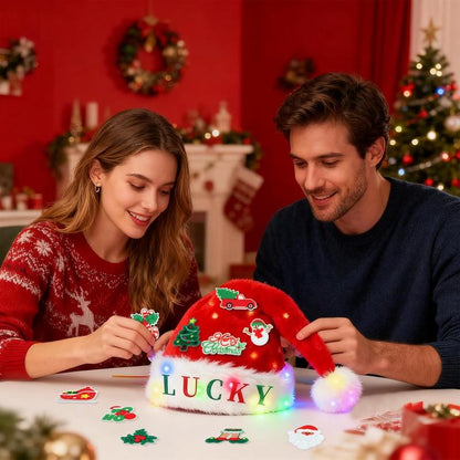 Santa Hat with LED Lights and DIY Stickers, Extra Thick Velvet Christmas Hat for Adults Unisex for New Year Holiday Party & Christmas Decorations
