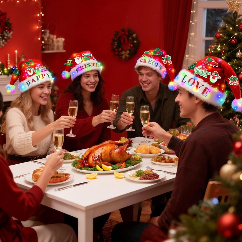 Santa Hat with LED Lights and DIY Stickers, Extra Thick Velvet Christmas Hat for Adults Unisex for New Year Holiday Party & Christmas Decorations