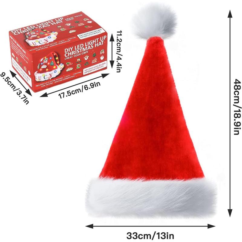 Santa Hat with LED Lights and DIY Stickers, Extra Thick Velvet Christmas Hat for Adults Unisex for New Year Holiday Party & Christmas Decorations