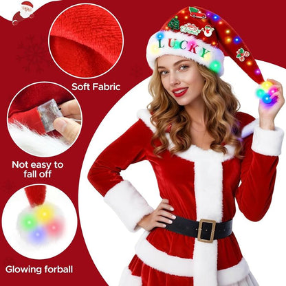 Santa Hat with LED Lights and DIY Stickers, Extra Thick Velvet Christmas Hat for Adults Unisex for New Year Holiday Party & Christmas Decorations